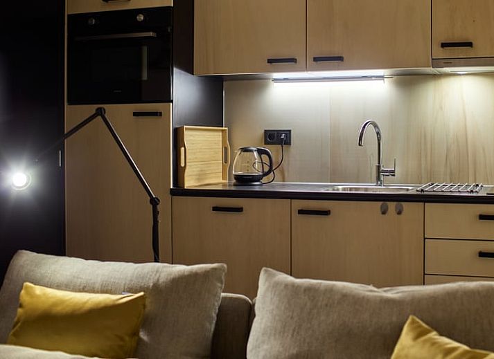 Modern interior of Holiday home in Castricum overlooking garden, North Sea coast, North Holland.