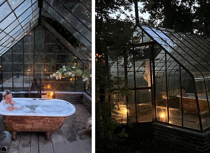 Sfeervol verlicht terras van Huisje in BERGEN, vakantiehuis in Bergen, Noordzeekust, ideaal voor avonden buiten.