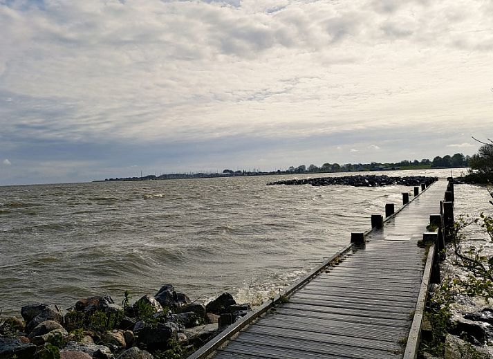 Gezellige woonkamer in IJsselmeer Hideaway, vakantiehuis in Andijk, Noord-Holland, met kunstwerk en open haard voor een ontspannen sfeer.