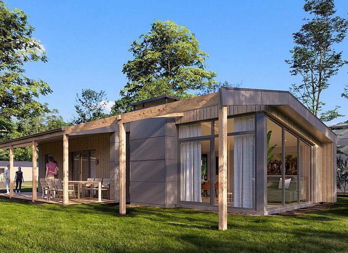 Die Cube Lodge 4 in Enkhuizen bietet ein modernes Ferienhaus mit einer geraeumigen Veranda, umgeben von der Natur der IJsselmeerkueste.