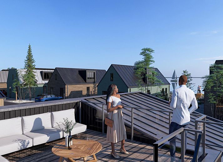 Genieen Sie die sonnige Dachterrasse des freistehenden Hauses in Enkhuizen, einem Ferienhaus an der Kste des IJsselmeers in Nordholland.