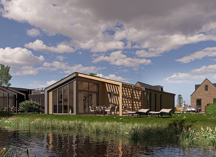 Chalet in Enkhuizen, een modern vakantiehuis aan de IJsselmeerkust met uitzicht op het water en omringd door natuur.