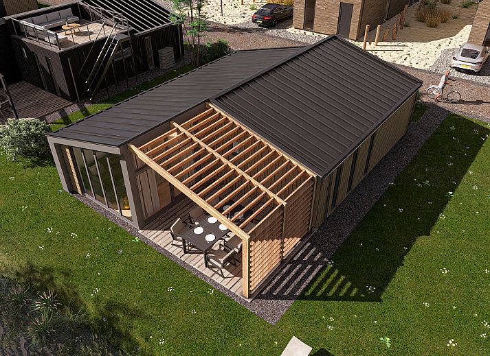 Chalet in Enkhuizen, een modern vakantiehuis aan de IJsselmeerkust met uitzicht op het water en omringd door natuur.