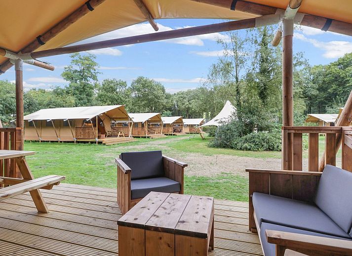 Rustic glamping lodge 4-6S1 in Huizen, North Holland, with wooden terrace and wooded backdrop.