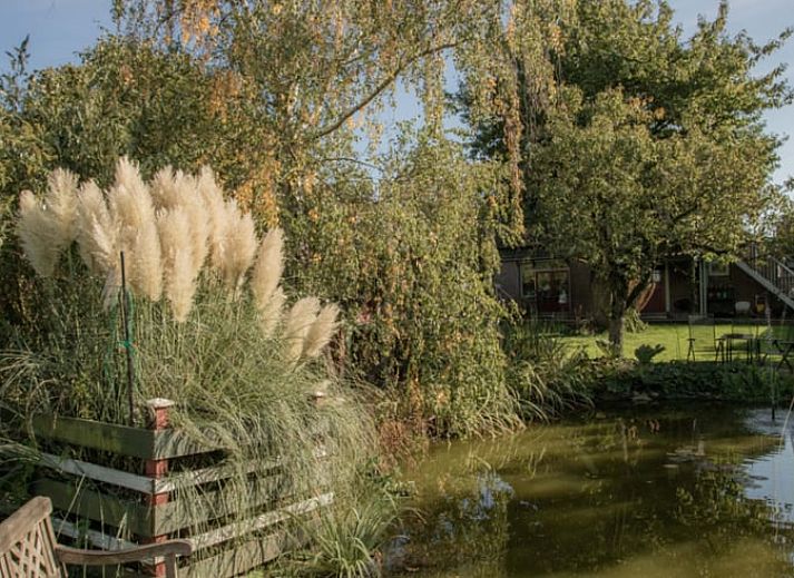 Gemuetlicher Innenraum des Ferienhauses in Benningbroek, Ferienhaus an der Kueste des IJsselmeers, Nordholland, mit komfortabler Sitzecke und Doppelbett.
