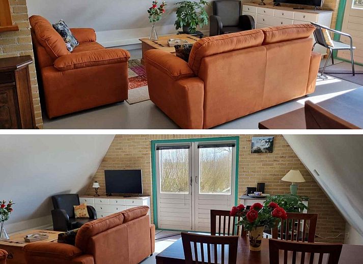 Cozy living room in vacation home NH351 in 't Zand, North Holland with comfortable sofas.