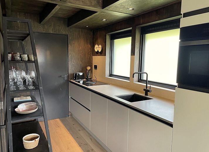 Back of the 6-person Dune Lodge with Charging Point in Schoorl, North Holland. Vacation home with modern design and nature.