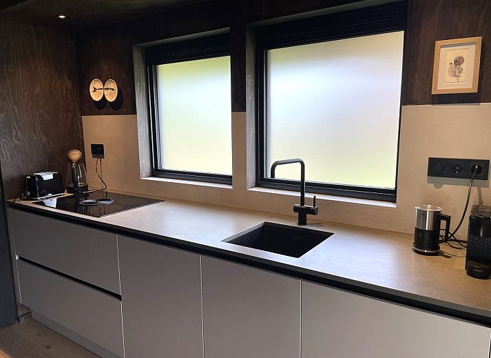 Back of the 6-person Dune Lodge with Charging Point in Schoorl, North Holland. Vacation home with modern design and nature.