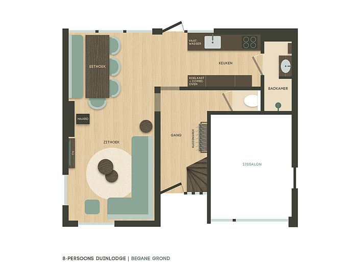 Gemuetliche Sitzecke in der 8-Personen-Duinlodge, Ferienhaus in Schoorl, Noord-Holland.