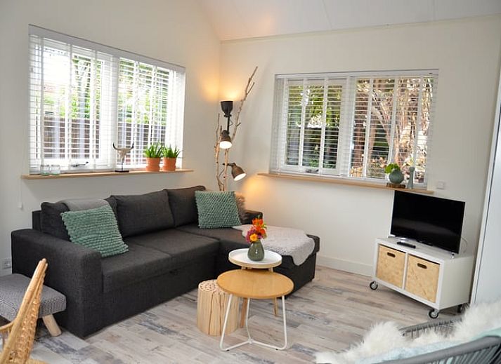 Garten mit Terrasse und gruener Umgebung im Ferienhaus in Limmen, Nordholland.