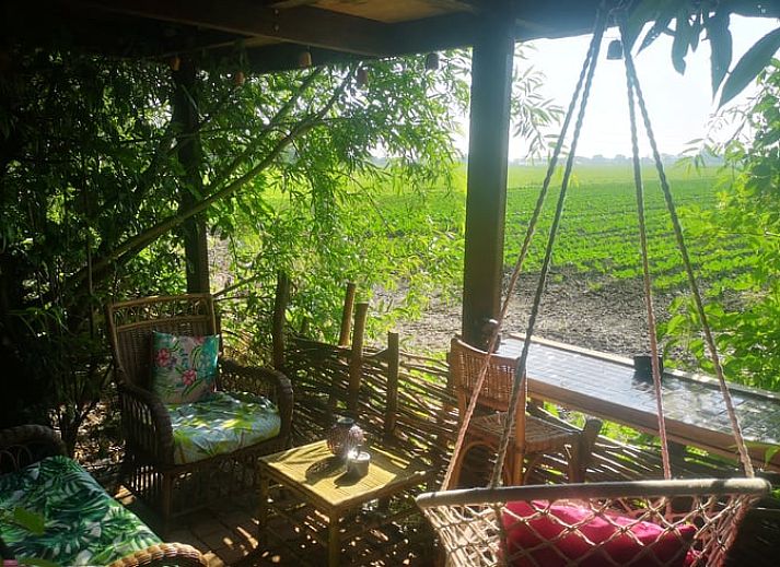 Gemuetliche Veranda im Cottage in West Beemster, Ferienhaus in Nordholland, mit Schaukelstuhl und gruener Umgebung.