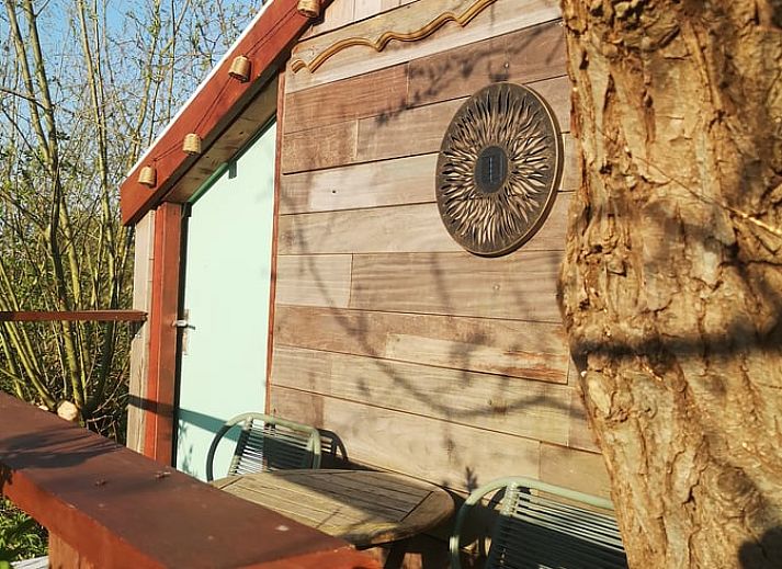 Treppe zum Baumhaus im Cottage in West Beemster, Ferienhaus in Nordholland, umgeben von ueppiger Natur.