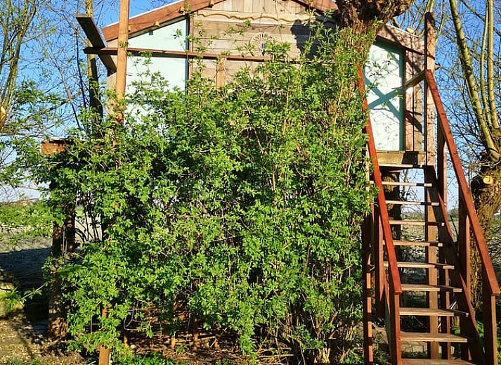 Gemuetliche Sitzecke auf der Terrasse des Cottage in West Beemster, Ferienhaus in Nordholland, mit Blick auf die Landschaft.