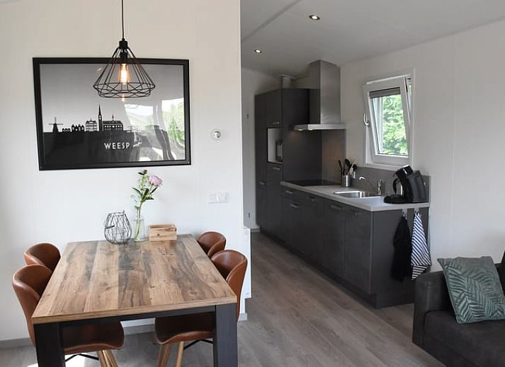 Twee vakantiehuisjes in Weesp met groene gazons, Amsterdam eo, Noord-Holland.