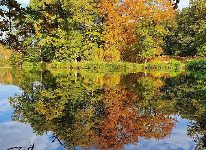 Moderne Kueche im Ferienhaus in Nutter, Twente, mit Blick auf die gruene Umgebung von Overijssel.