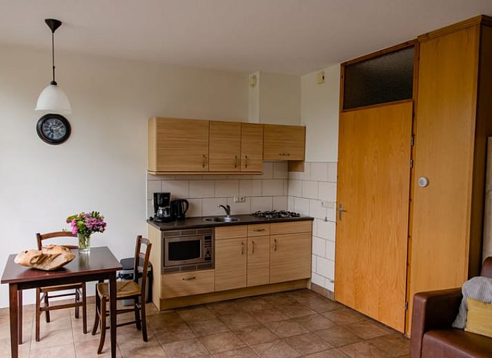 Geniessen Sie ein entspanntes Mittagessen auf der Terrasse des Ferienhauses in Den Ham, Twente, umgeben von gruener Natur und Ruhe.