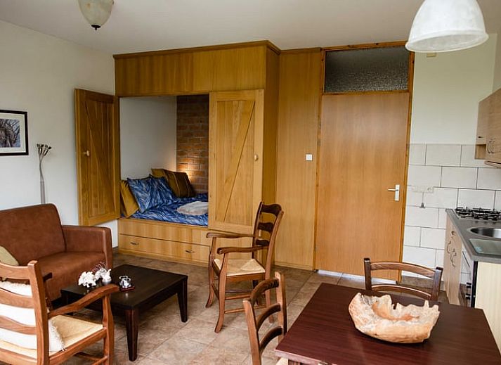 Cozy living room of cottage in Den Ham, Twente. Vacation home with cozy sitting area and kitchen in Overijssel nature.