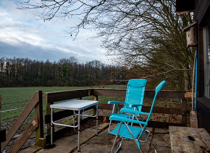 Veranda des Ferienhauses in De Lutte in Twente mit Blick auf gruene Felder und eine rustikale Blase in Overijssel.