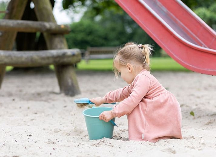 Gemuetlicher Eingang zum Ferienhaus in de Lutte, Twente, mit einem bakfiets auf der gruenen Wiese, ideal fuer einen erholsamen Aufenthalt in Overijssel.