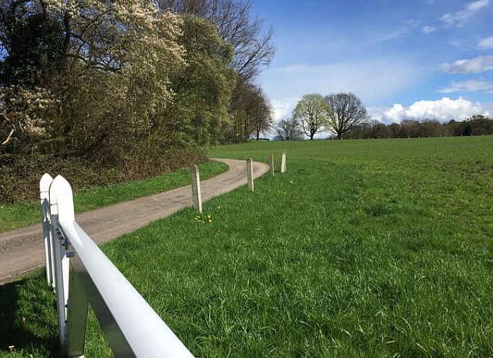 Gemuetlicher Eingang zum Ferienhaus in de Lutte, Twente, mit einem bakfiets auf der gruenen Wiese, ideal fuer einen erholsamen Aufenthalt in Overijssel.