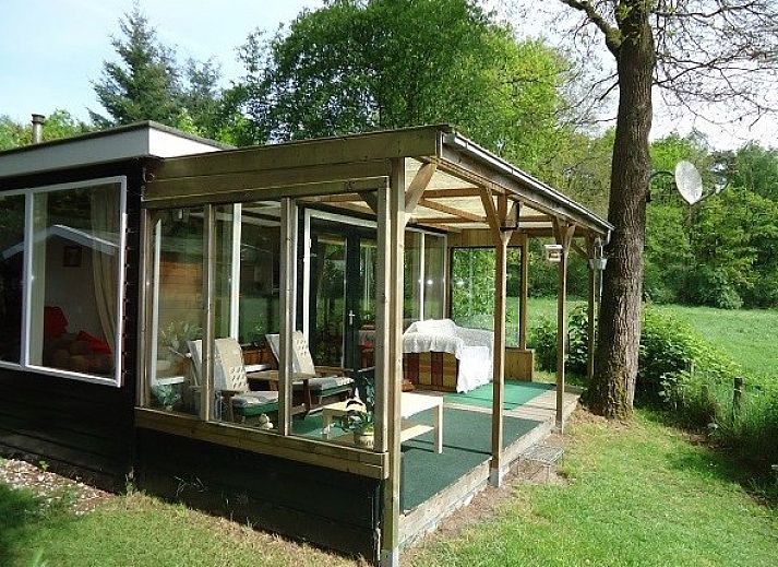 Veranda des Ferienhauses Mapadodo in Nutter, Twente mit Blick auf die grne Natur.