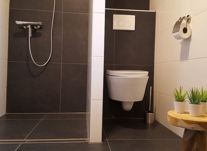 Cozy living room in vacation home Hezingen, Twente, with modern furnishings and wood stove.