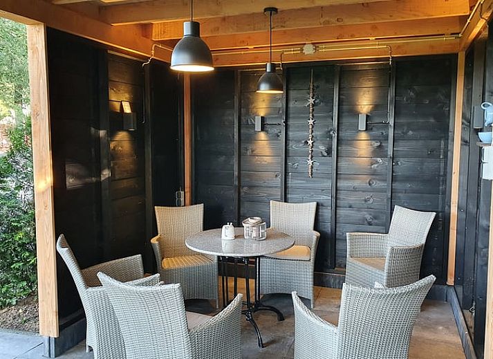 Cozy living room in vacation home Hezingen, Twente, with modern furnishings and wood stove.