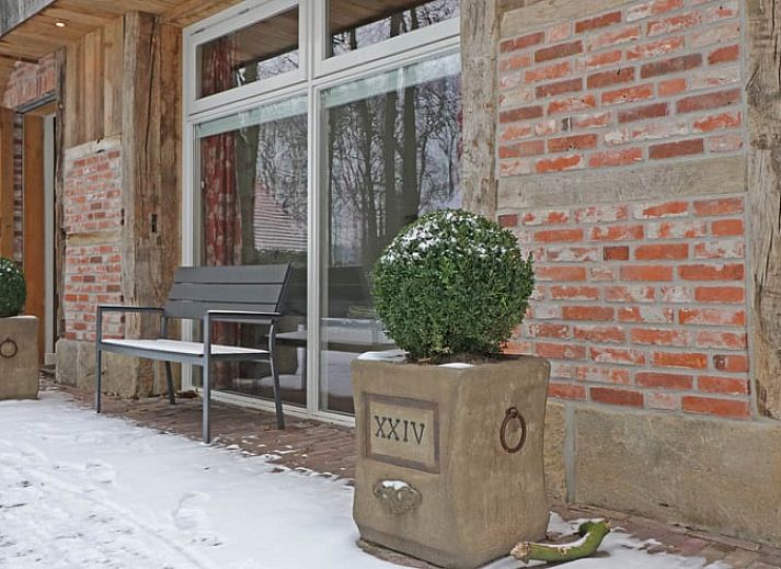 Cottage in Hezingen, ein charmantes Ferienhaus in Twente, Overijssel mit rustikaler Fassade und gruener Umgebung.