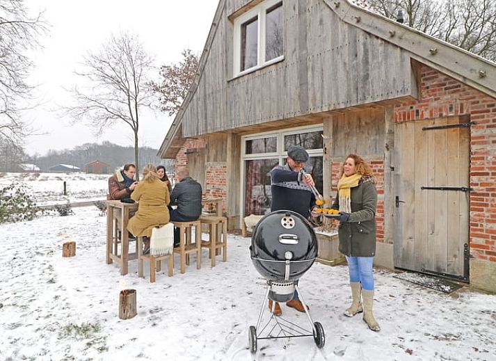 Cottage in Hezingen, ein charmantes Ferienhaus in Twente, Overijssel mit rustikaler Fassade und gruener Umgebung.