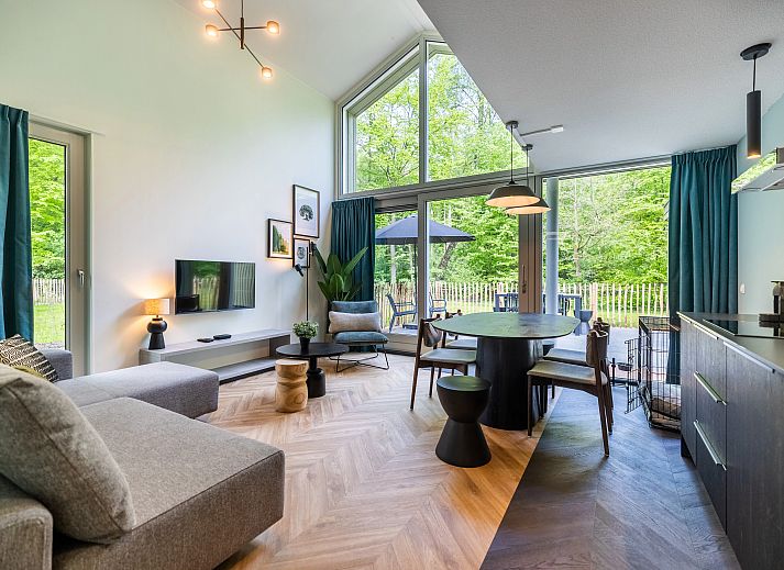 Stijlvolle woonkamer in 4-6-persoons hondenwoning Beuningen, Twente met uitzicht op terras en natuur.