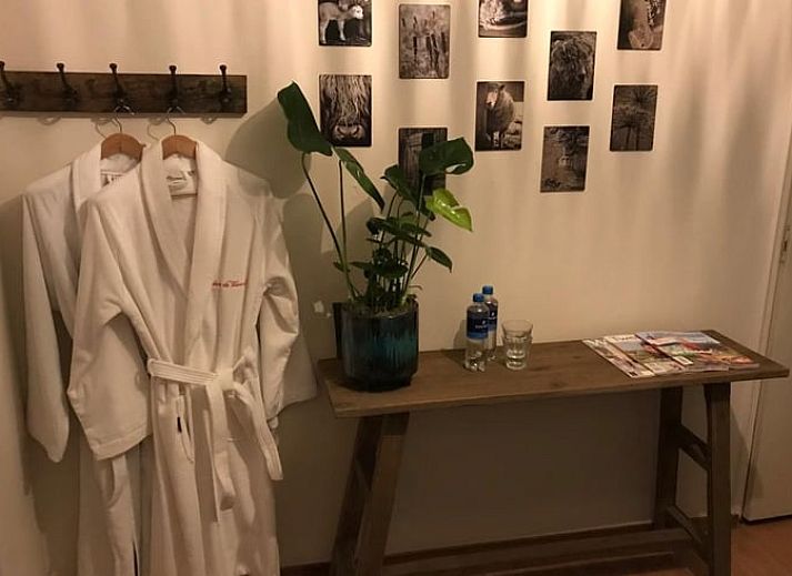 Gemuetliches Wohnzimmer im Cottage in Weerselo, Twente mit Kamin und bequemem Sofa.