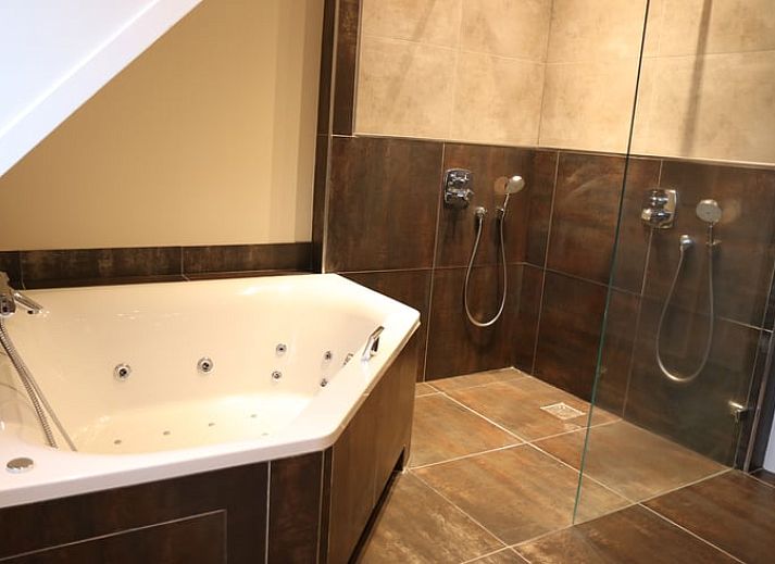 Stijlvolle woonkamer in Vakantiehuis in Reutum, Twente, Overijssel met grote ramen en veel lichtinval.