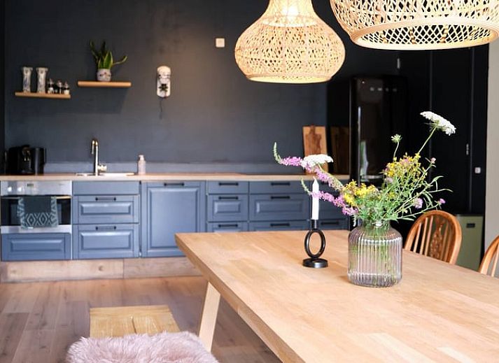 Cozy living room of Huisje in Reutum, a vacation home in Twente, Overijssel, with modern kitchen and stylish furnishings.