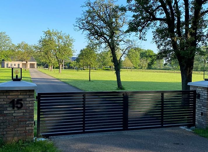 Vacation home in Ambt Delden, Twente, with olive tree on green garden in Overijssel.