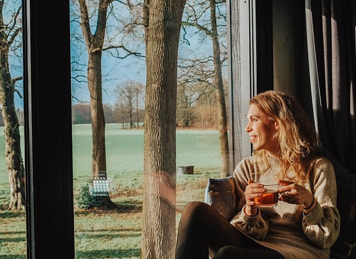 Stylish bathroom of Huisje in Rossum, vacation home in Twente, Overijssel, with wooden details and plants.