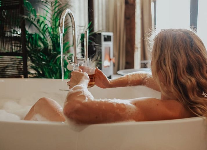 Luxurioeses Schlafzimmer im Ferienhaus in Rossum, Twente, mit bequemem Doppelbett und stilvoller Einrichtung.