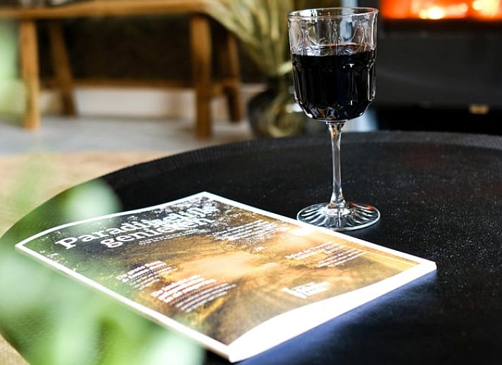 Aussenansicht des Ferienhauses in Rossum, Twente, umgeben von bluehenden Osterglocken und gruener Natur.