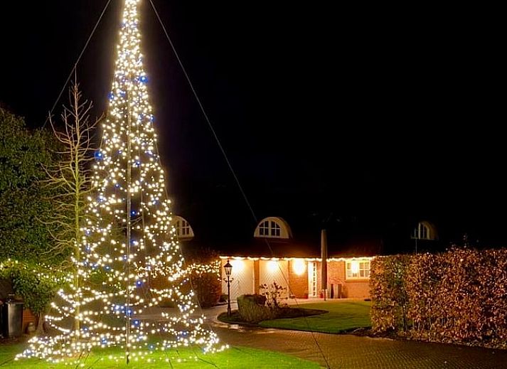 Gemuetliches Schlafzimmer in Cottage in Rossum, Ferienhaus in Twente, Overijssel, mit Blick auf die gruene Natur durch ein grosses Fenster.
