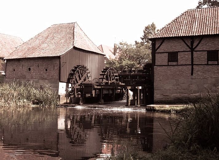 Modernes Badezimmer in Cottage in Haaksbergen, Ferienhaus in Twente, Overijssel mit Waschbecken und natuerlichem Licht durch grosse Fenster.