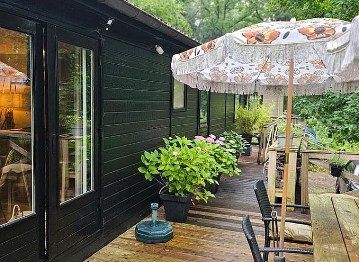 Geniet van de groene omgeving op het terras van Huisje in Haaksbergen, een vakantiehuis in Twente, Overijssel.