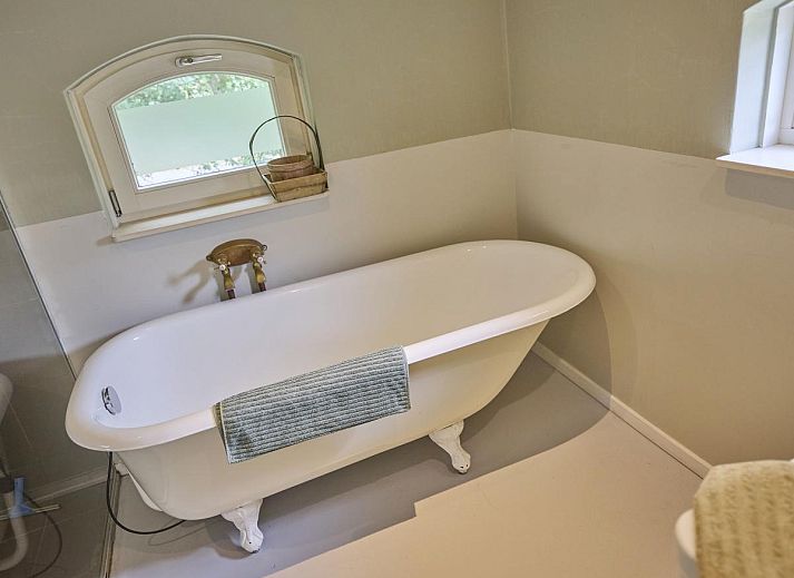 Stilvolles Badezimmer im Ferienhaus Design Lodge Twente, Haaksbergen, Overijssel, mit moderner Dusche und blauen Waenden.