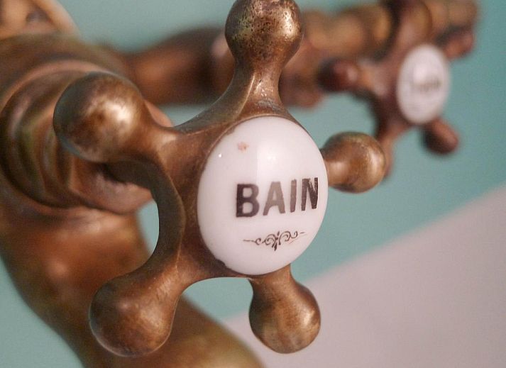 Stilvolles Badezimmer im Ferienhaus Design Lodge Twente, Haaksbergen, Overijssel, mit moderner Dusche und blauen Waenden.