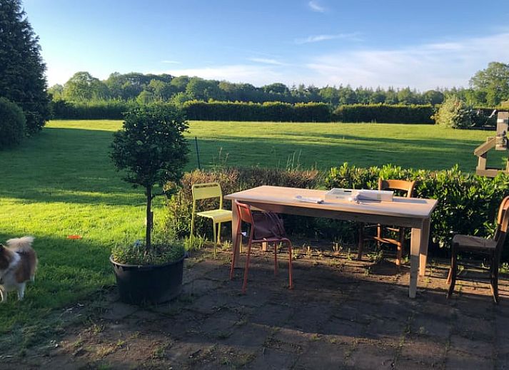 Uitzicht vanuit Huisje in Diepenheim, Twente op kleurrijke herfsttuin met laptop op vensterbank.