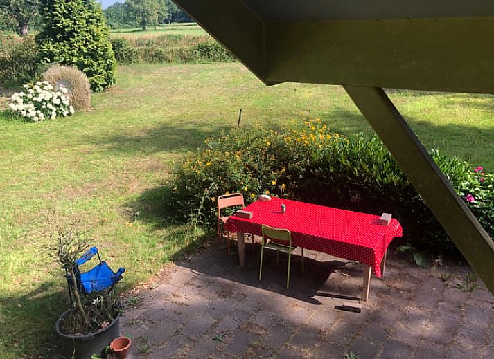 Zomerse tuin van Huisje in Diepenheim, vakantiehuis in Twente met terras en kleurrijke bloemen.