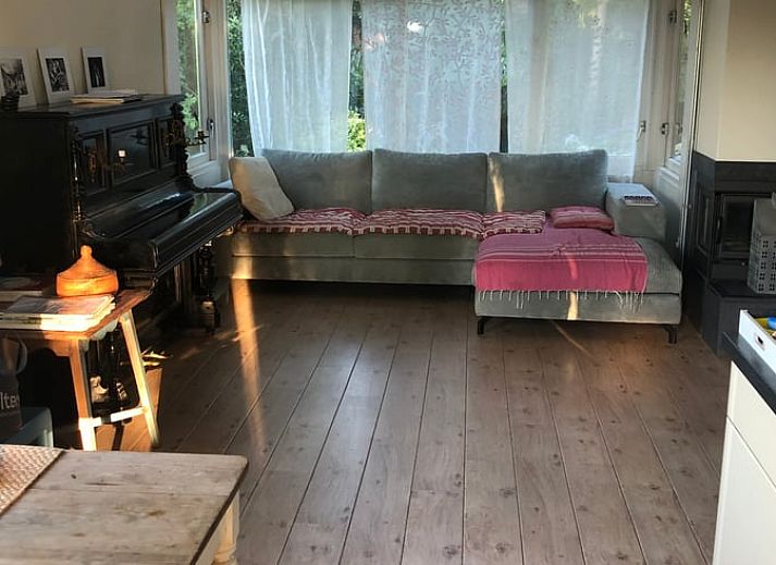 Terras van Huisje in Diepenheim, vakantieaccommodatie in Twente met groen uitzicht en spelende hond.