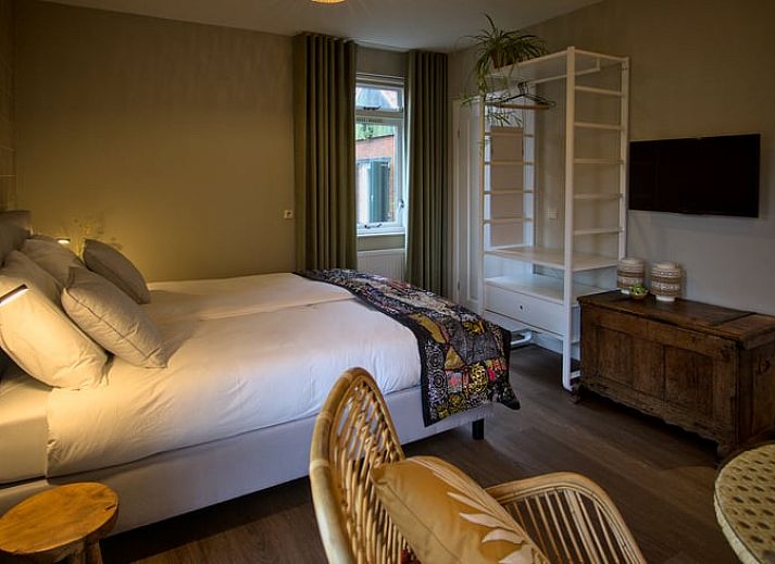 Zonnige gevel van Vakantiehuis in Oldenzaal, Twente, met zonnepanelen en groene heg voor duurzame charme.