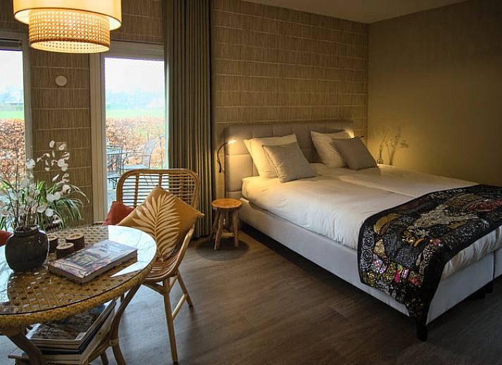 Zonnige gevel van Vakantiehuis in Oldenzaal, Twente, met zonnepanelen en groene heg voor duurzame charme.