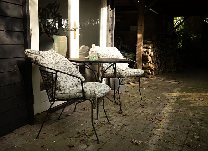 Zijaanzicht van het vakantiehuisje in Westerhaar-Vriezenveensewijk met weelderige omgeving in Twente, Overijssel.