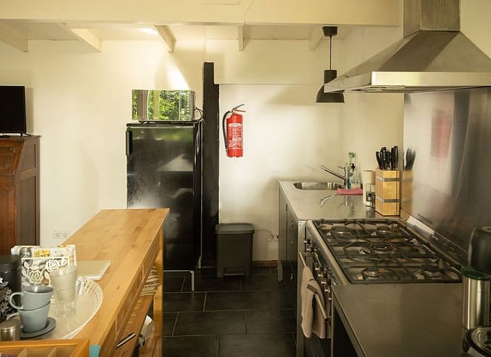 Zijaanzicht van het vakantiehuisje in Westerhaar-Vriezenveensewijk met weelderige omgeving in Twente, Overijssel.