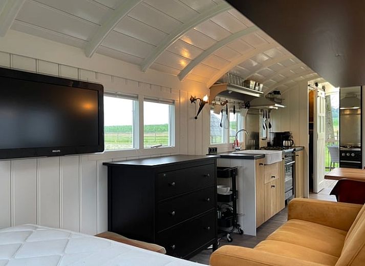 Zicht op de groene omgeving vanaf het terras van Vakantiehuisje in Markelo, Twente, Overijssel met comfortabele zitplaatsen.